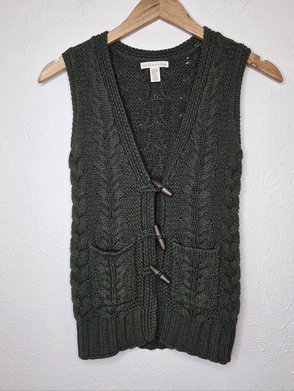 The Eagle’s Eye Olive Cable Knit Sweater Vest Toggle Front Cottagecore Academia